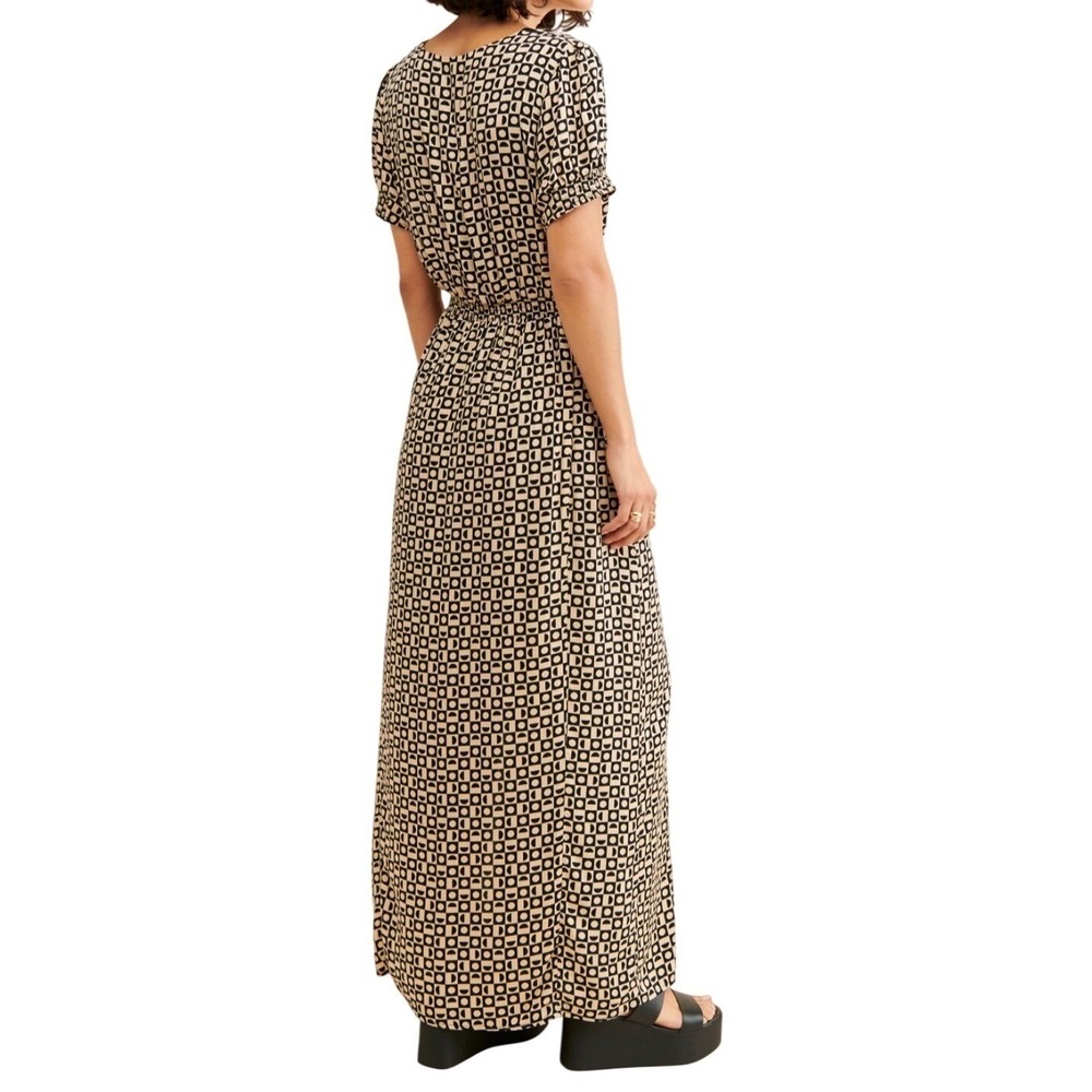 Free People Geometric Print Lace Trim V-Neck Maxi Dress Black Tan Slit Smocked M - Picture 2 of 9